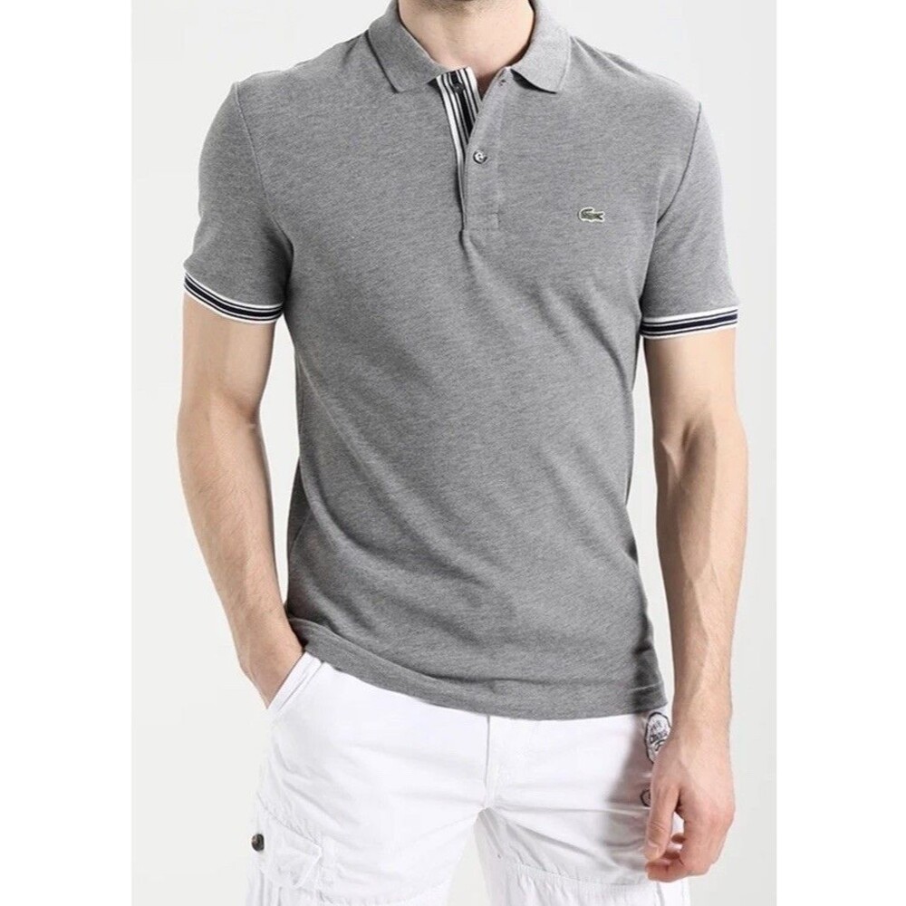 Lacoste Menβs 4XL Slim Fit Gray Cotton Pique Polo Shirt Striped Cuffs NWT